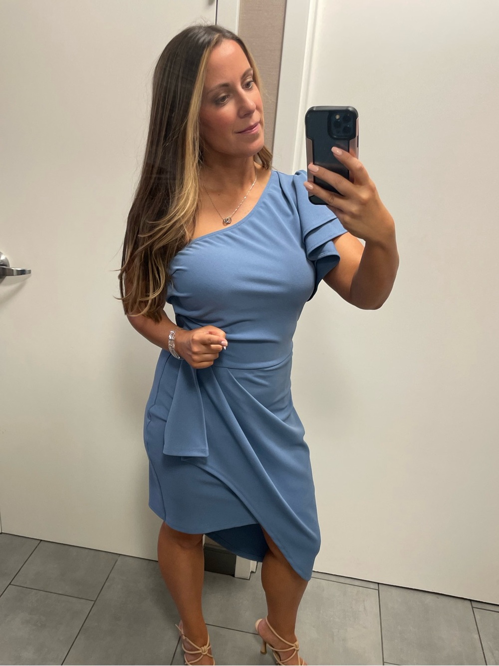 One-Shoulder Ruffle Asymmetric Blue Dress - Picture 7 of 7